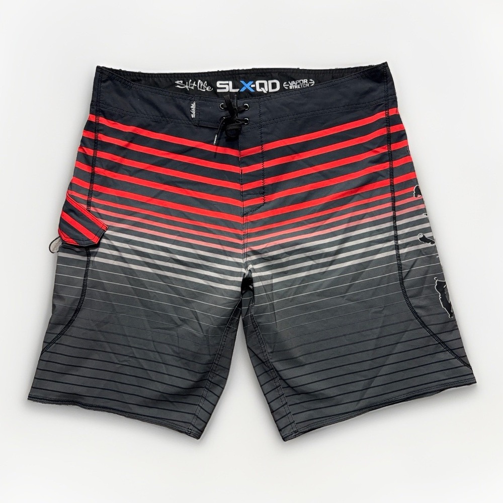 Salt Life Board Shorts Mens 40 Red Black SLX-QD Vapor Stretch Swim Trunks Stripe